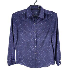 Womens Lands End Blue Polka Dot Shirt Button Up Long Sleeve Polyester Size 2